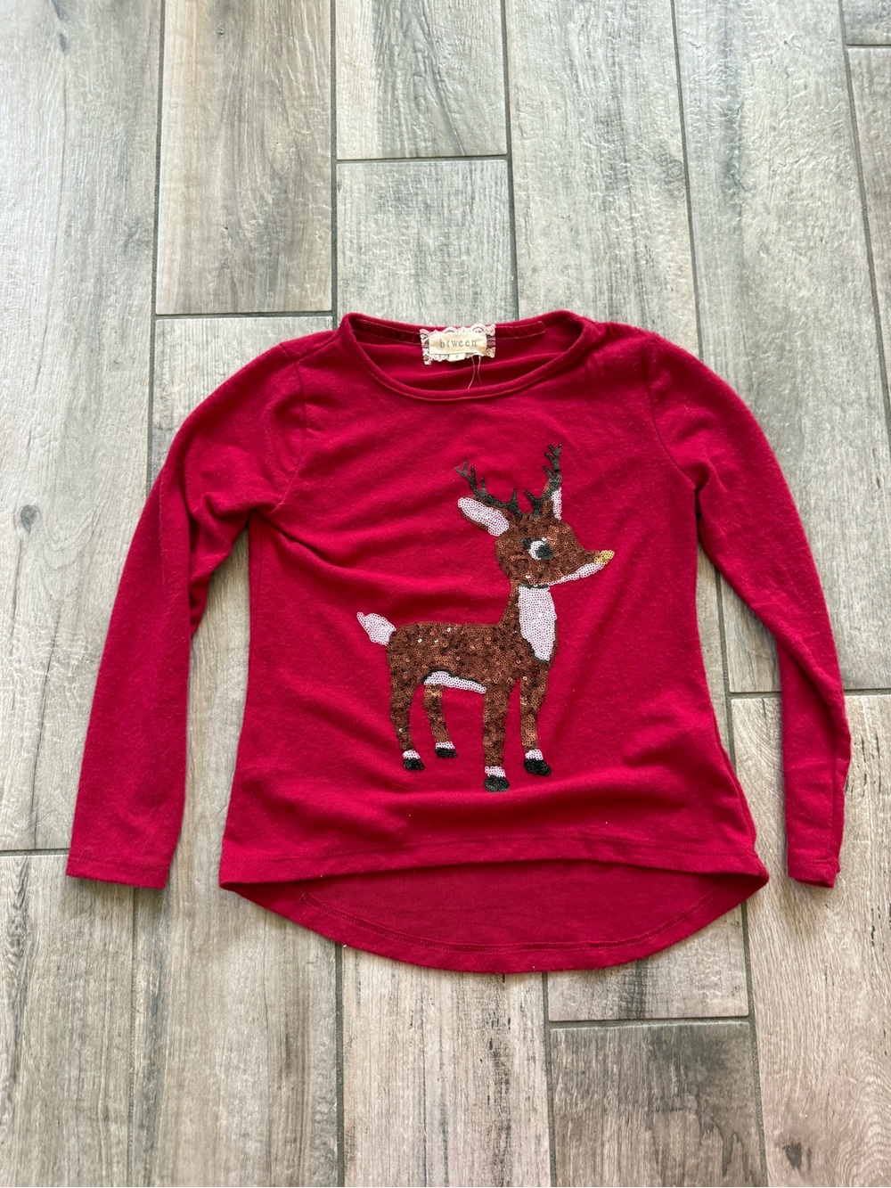 Red Kids Long-Sleeve Top with Sequin Reindeer - Kids Shirts & Tops